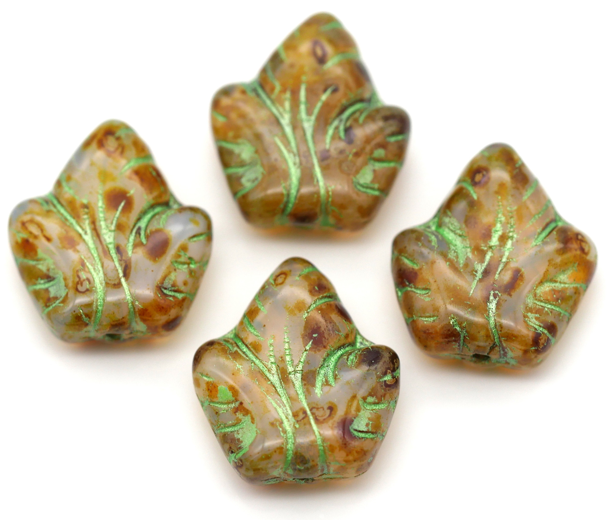 4pc 16x14mm Czech Pressed Glass Ivy Leaf Beads, White Opal/Picasso